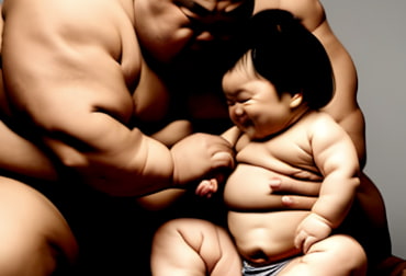 A Sumo wrestler holding a chubby Japanese baby