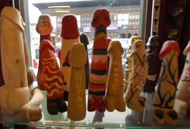 Carved phallic statues in Bhutan gift store